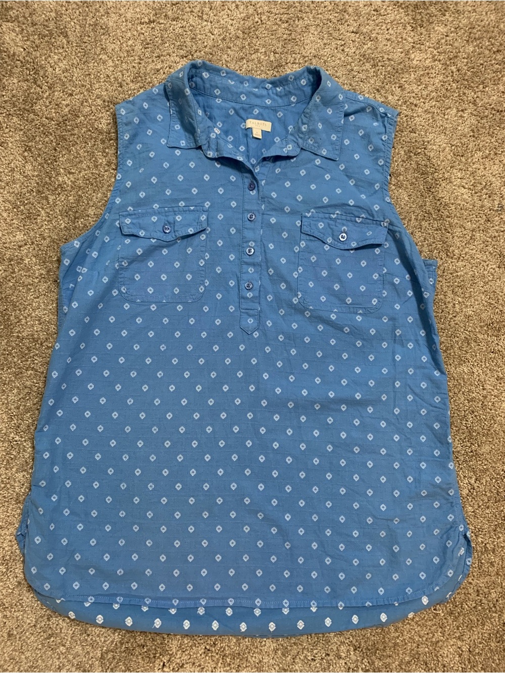 Talbots Sleeveless Button Down Blue Double Pockets Stitched Diamonds Large